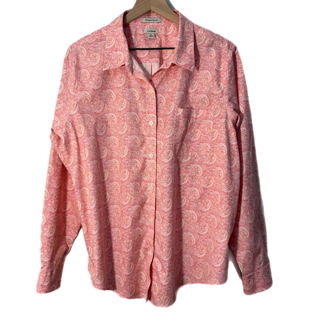 L.L. Bean Oxford Wrinkle Resistant Cotton Paisley Button Up Shirt Pink XL Staple